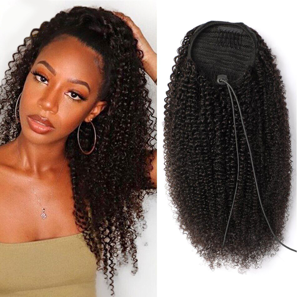 Stema Kinky Curly Drawstring Ponytail With Clips 100% Human Hair Extensions